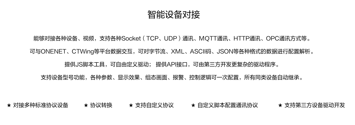 能夠對接各種設備、視頻,支持各種SocKet(TCP、UDP)通訊、MOTT通訊、HTTP通訊、OPC通訊方式等。 可與ONENET、CTWing等平臺數據交互,可對字節流、XML、ASCI碼、JSON等各種格式的數據進行配置解析。 提供JS腳本工具,可自由定義驅動;提供API接口,可由第三方開發更復雜的驅動程序。 支持設備型號功能,各種參數、顯示效果、組態畫面、報警、控制邏輯可一次配置,所有同類設備自動繼承。 能夠對接各種設備、視頻,支持各種SocKet(TCP、UDP)通訊、MOTT通訊、HTTP通訊、OPC通訊方式等。 可與ONENET、CTWing等平臺數據交互,可對字節流、XML、ASCI碼、JSON等各種格式的數據進行配置解析。 提供JS腳本工具,可自由定義驅動;提供API接口,可由第三方開發更復雜的驅動程序。 支持設備型號功能,各種參數、顯示效果、組態畫面、報警、控制邏輯可一次配置,所有同類設備自動繼承。