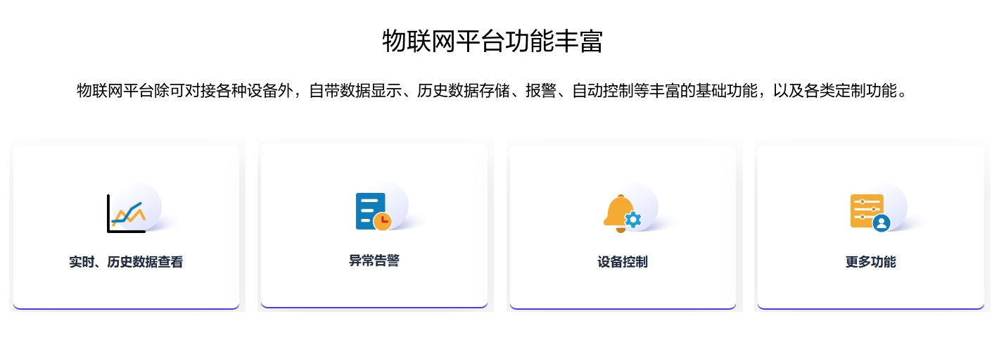 物聯網平臺功能豐富,除可對接各種設備外,自帶數據顯示、歷史數據存儲、報警、自動控制等豐富的基礎功能,以及各類定制功能。 物聯網平臺功能豐富,除可對接各種設備外,自帶數據顯示、歷史數據存儲、報警、自動控制等豐富的基礎功能,以及各類定制功能。